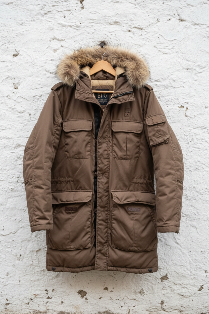Parka marrone su muro rustico