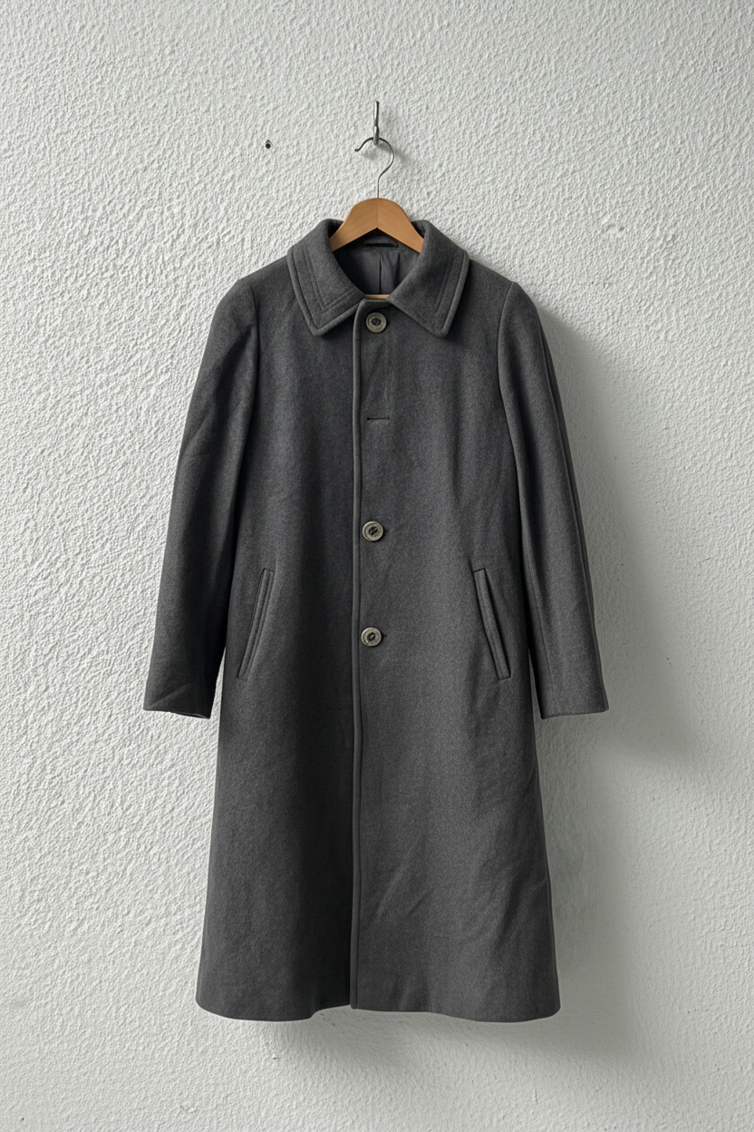Cappotto grigio bottoni metallici su gruccia