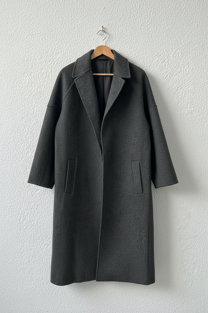 Cappotto grigio lungo su gruccia
