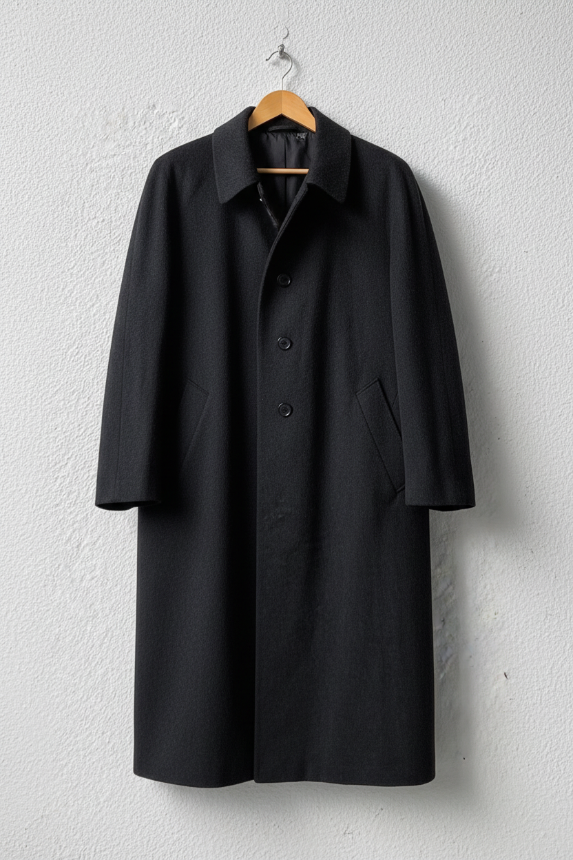 Cappotto grigio scuro minimalista su gruccia