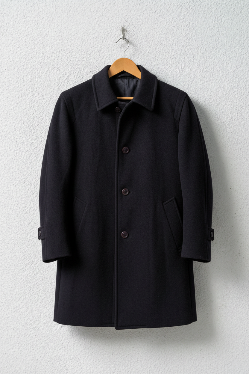 Cappotto navy colletto camicia bottoni scuri su gruccia