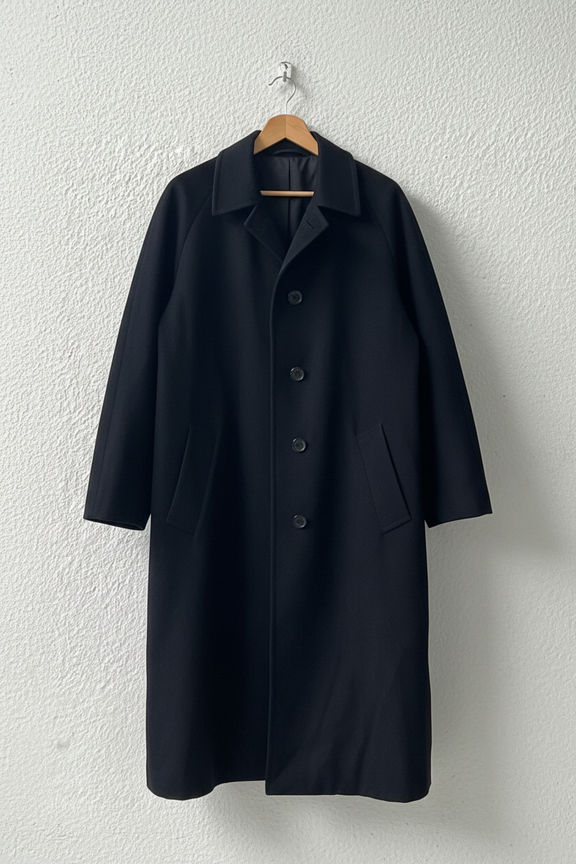 Cappotto nero bottoni metallici tasche petto su gruccia