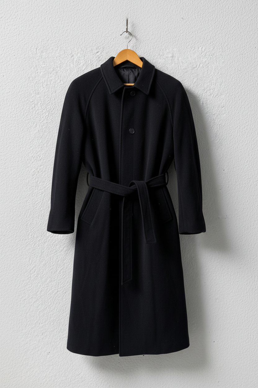 Cappotto nero cintura maniche raglan su gruccia