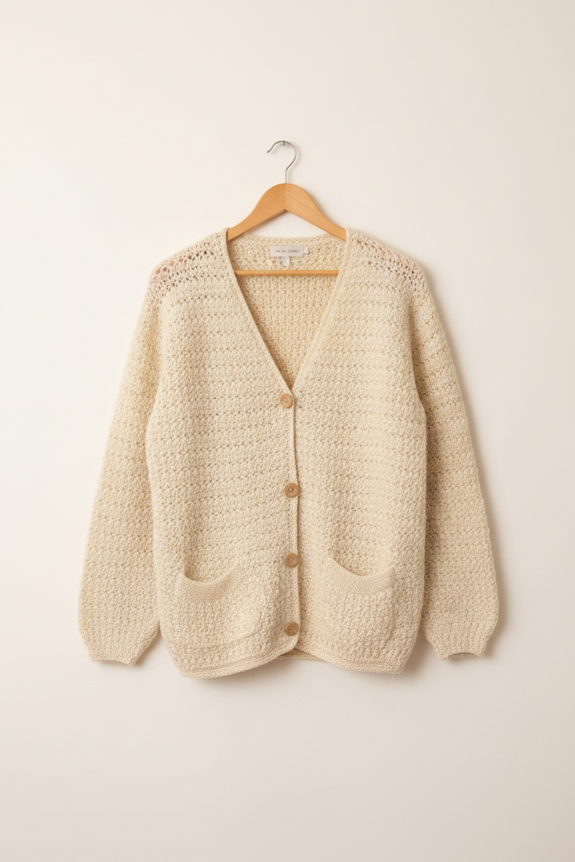 Cardigan crochet su gruccia sfondo neutro