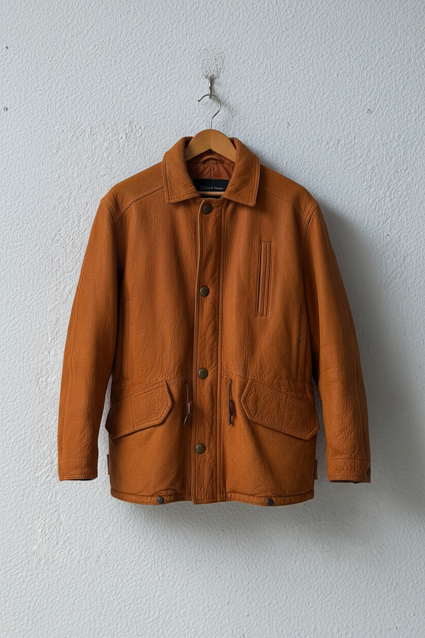 Giacca pelle arancio cognac zip bottoni ottone su gruccia
