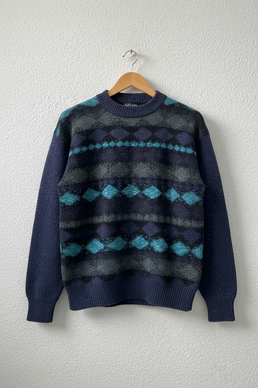 Maglione navy geometrico su gruccia sfondo neutro