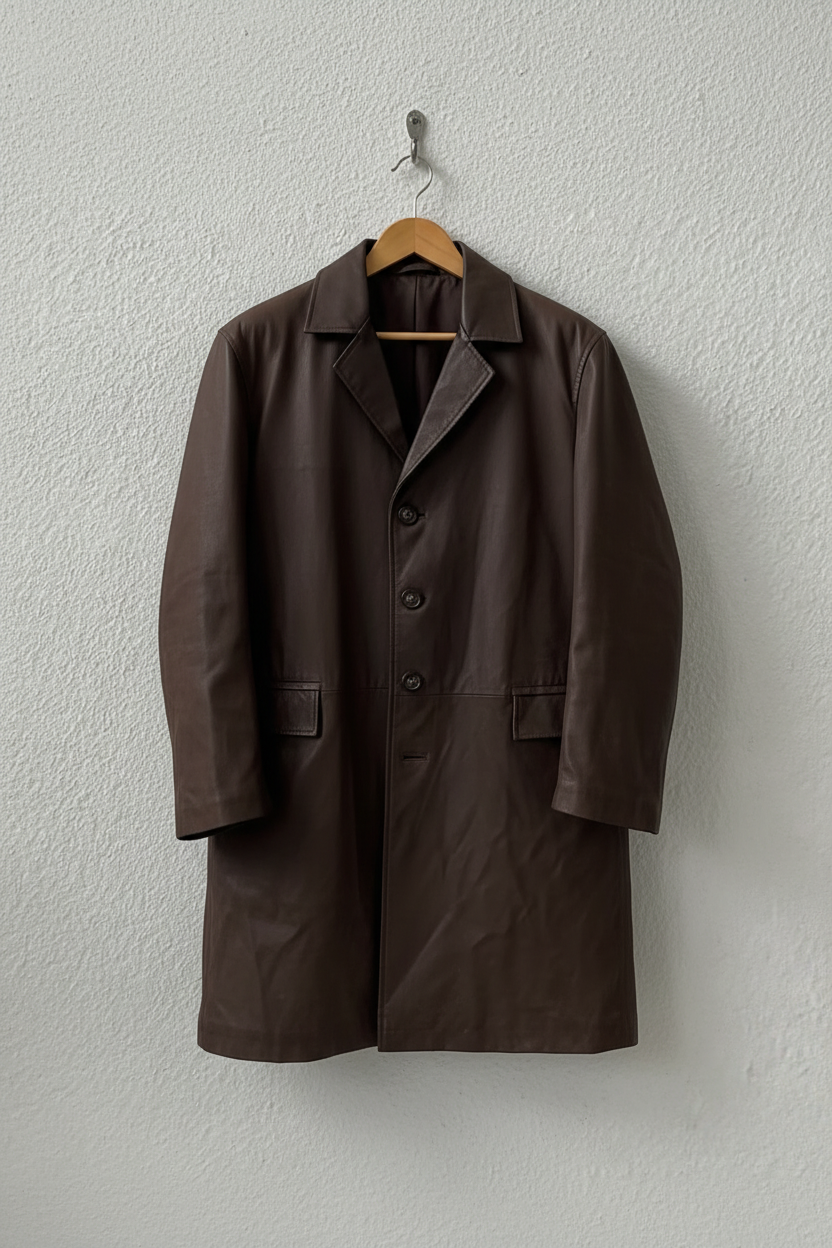 Trench pelle marrone scuro su gruccia